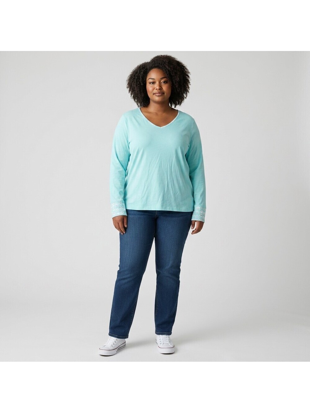 New Directions Pajama Top Women 1X Plus Blue V-Neck Long Sleeve Cotton Sleep